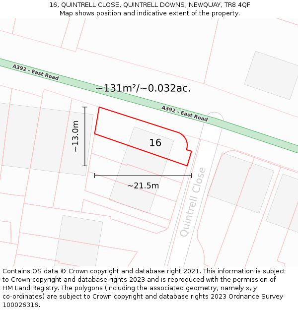16, QUINTRELL CLOSE, QUINTRELL DOWNS, NEWQUAY, TR8 4QF: Plot and title map