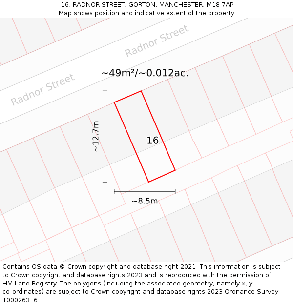 16, RADNOR STREET, GORTON, MANCHESTER, M18 7AP: Plot and title map