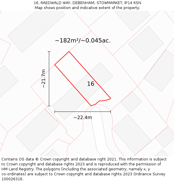 16, RAEDWALD WAY, DEBENHAM, STOWMARKET, IP14 6SN: Plot and title map