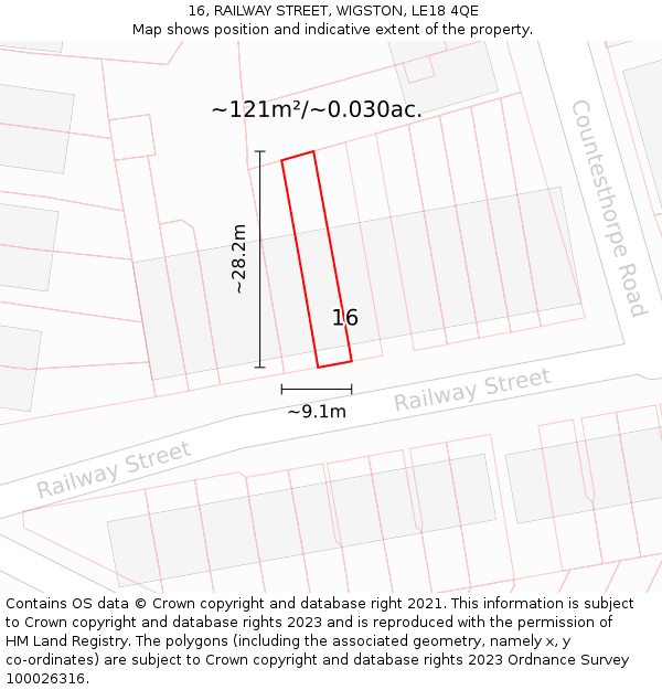16, RAILWAY STREET, WIGSTON, LE18 4QE: Plot and title map