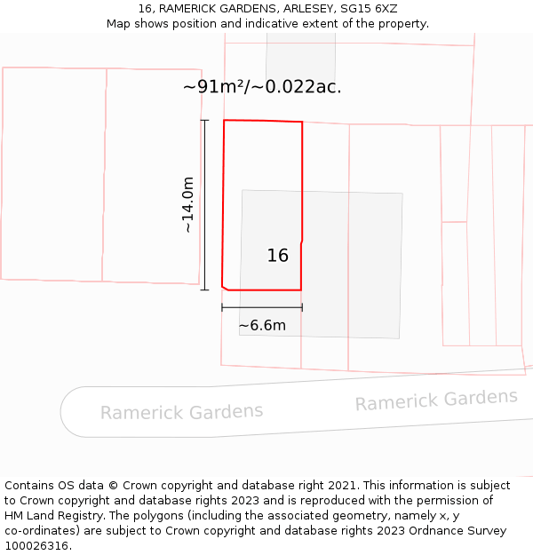 16, RAMERICK GARDENS, ARLESEY, SG15 6XZ: Plot and title map