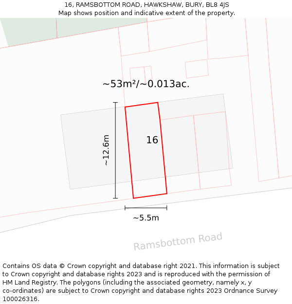 16, RAMSBOTTOM ROAD, HAWKSHAW, BURY, BL8 4JS: Plot and title map