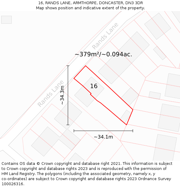 16, RANDS LANE, ARMTHORPE, DONCASTER, DN3 3DR: Plot and title map