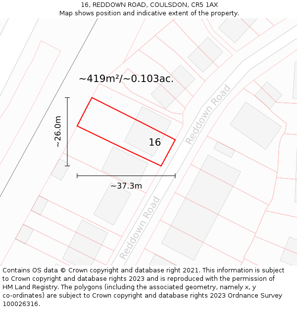 16, REDDOWN ROAD, COULSDON, CR5 1AX: Plot and title map