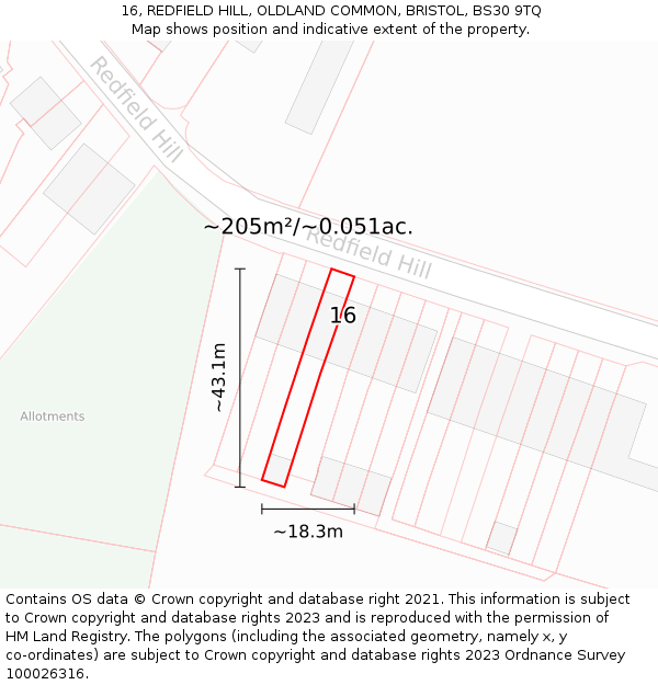 16, REDFIELD HILL, OLDLAND COMMON, BRISTOL, BS30 9TQ: Plot and title map