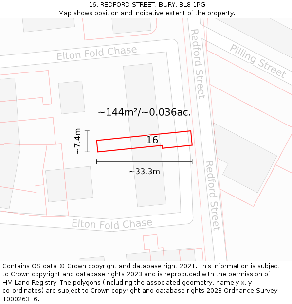 16, REDFORD STREET, BURY, BL8 1PG: Plot and title map