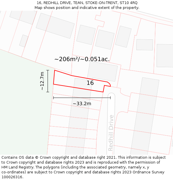 16, REDHILL DRIVE, TEAN, STOKE-ON-TRENT, ST10 4RQ: Plot and title map