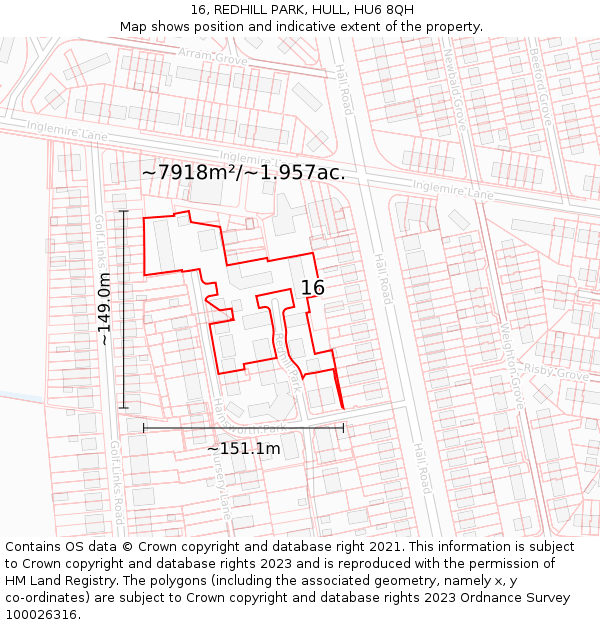 16, REDHILL PARK, HULL, HU6 8QH: Plot and title map