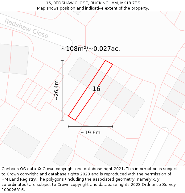 16, REDSHAW CLOSE, BUCKINGHAM, MK18 7BS: Plot and title map