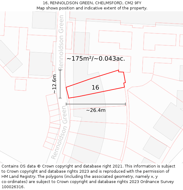 16, RENNOLDSON GREEN, CHELMSFORD, CM2 9FY: Plot and title map