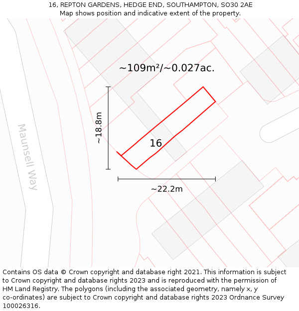 16, REPTON GARDENS, HEDGE END, SOUTHAMPTON, SO30 2AE: Plot and title map
