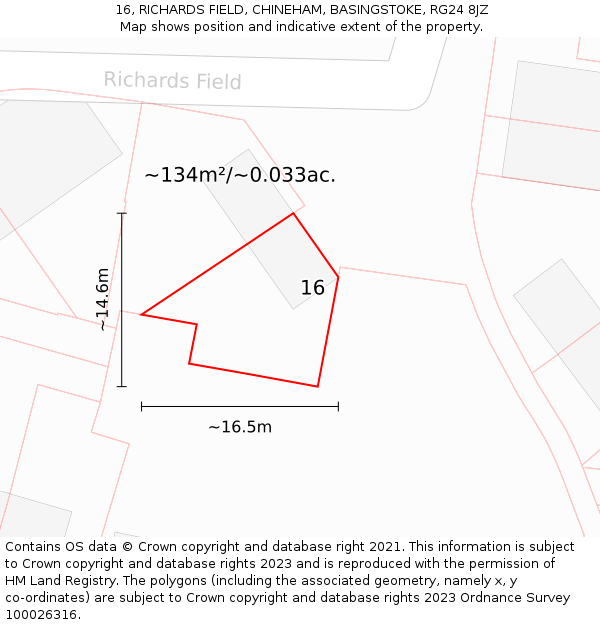 16, RICHARDS FIELD, CHINEHAM, BASINGSTOKE, RG24 8JZ: Plot and title map