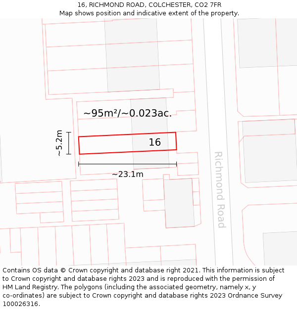 16, RICHMOND ROAD, COLCHESTER, CO2 7FR: Plot and title map