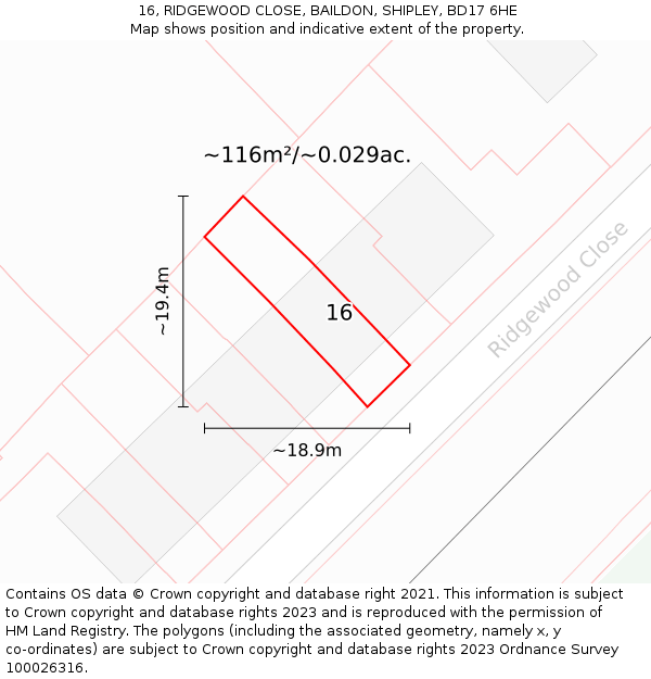 16, RIDGEWOOD CLOSE, BAILDON, SHIPLEY, BD17 6HE: Plot and title map