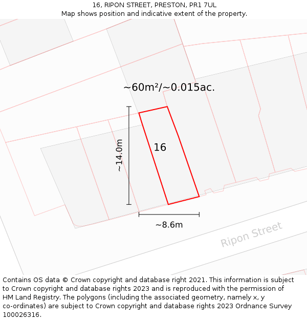 16, RIPON STREET, PRESTON, PR1 7UL: Plot and title map