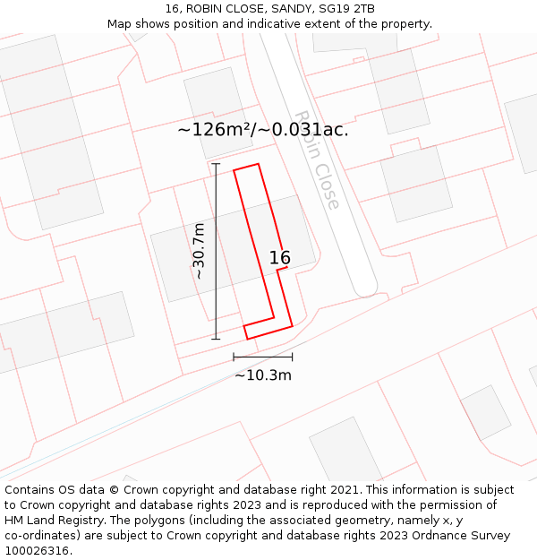 16, ROBIN CLOSE, SANDY, SG19 2TB: Plot and title map