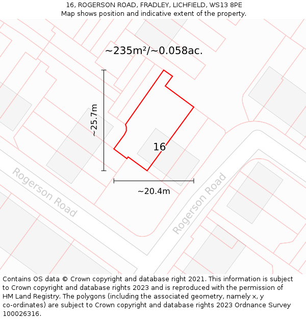 16, ROGERSON ROAD, FRADLEY, LICHFIELD, WS13 8PE: Plot and title map