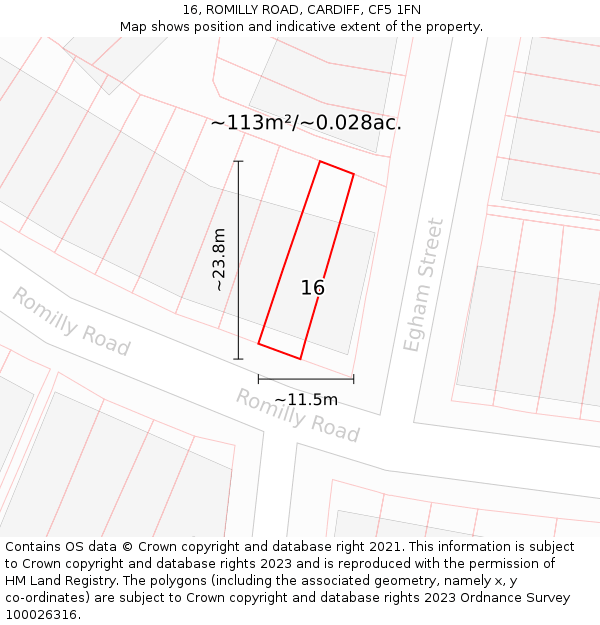 16, ROMILLY ROAD, CARDIFF, CF5 1FN: Plot and title map
