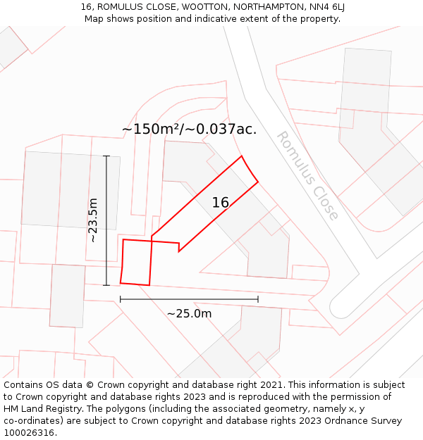 16, ROMULUS CLOSE, WOOTTON, NORTHAMPTON, NN4 6LJ: Plot and title map