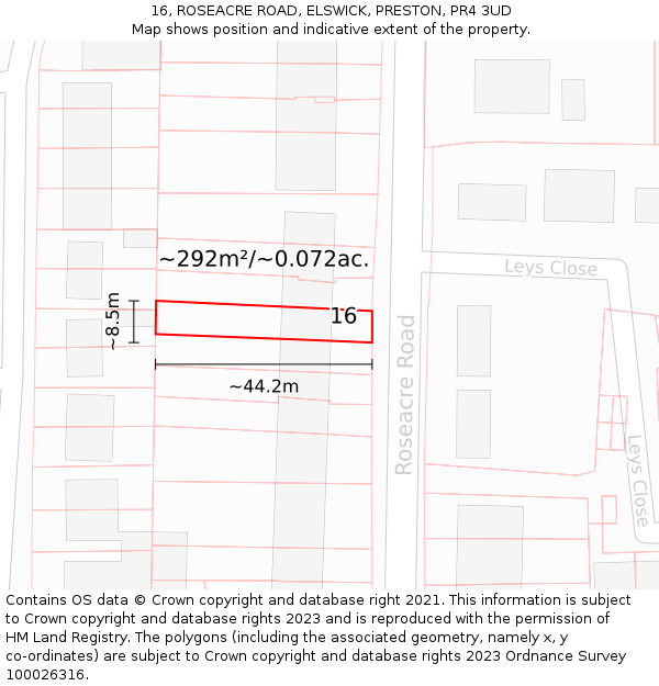16, ROSEACRE ROAD, ELSWICK, PRESTON, PR4 3UD: Plot and title map