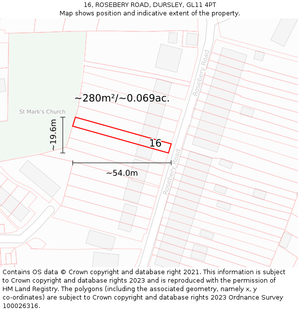 16, ROSEBERY ROAD, DURSLEY, GL11 4PT: Plot and title map