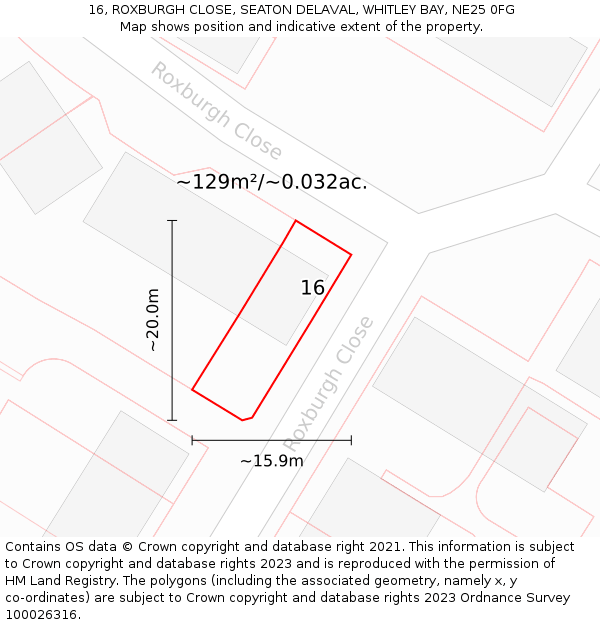 16, ROXBURGH CLOSE, SEATON DELAVAL, WHITLEY BAY, NE25 0FG: Plot and title map
