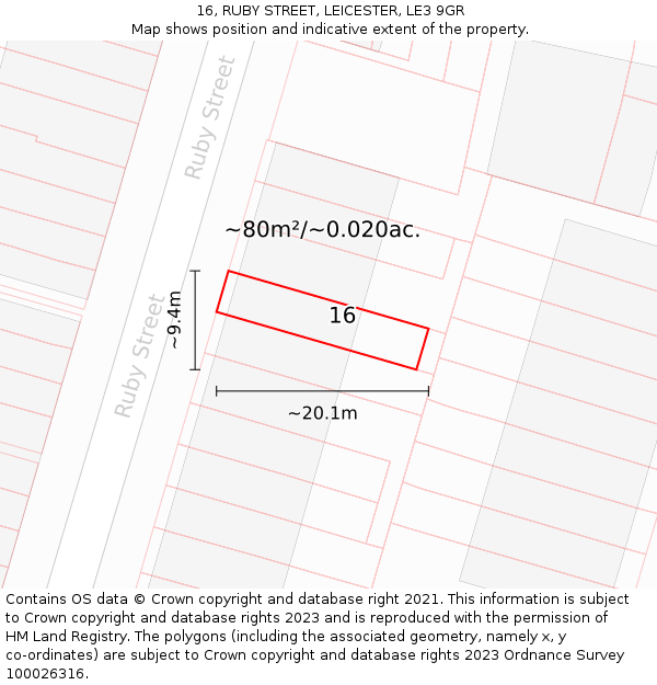 16, RUBY STREET, LEICESTER, LE3 9GR: Plot and title map