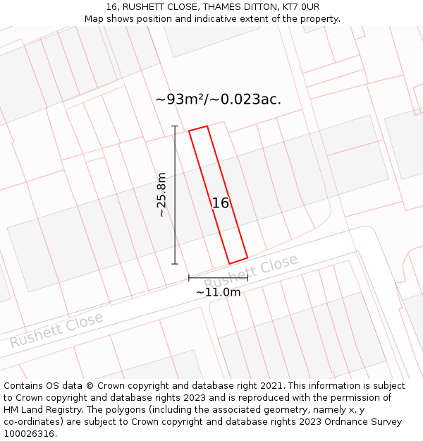 16, RUSHETT CLOSE, THAMES DITTON, KT7 0UR: Plot and title map
