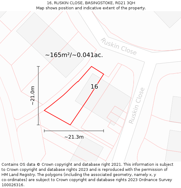 16, RUSKIN CLOSE, BASINGSTOKE, RG21 3QH: Plot and title map