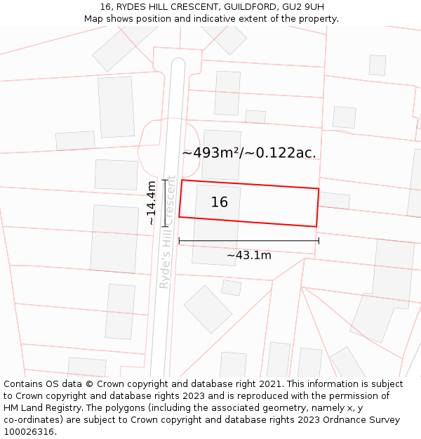 16, RYDES HILL CRESCENT, GUILDFORD, GU2 9UH: Plot and title map