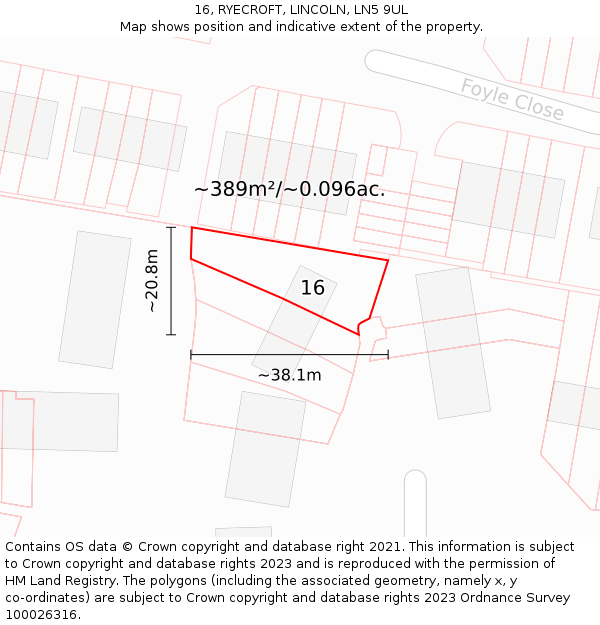 16, RYECROFT, LINCOLN, LN5 9UL: Plot and title map