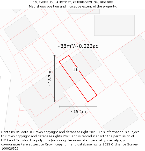 16, RYEFIELD, LANGTOFT, PETERBOROUGH, PE6 9RE: Plot and title map