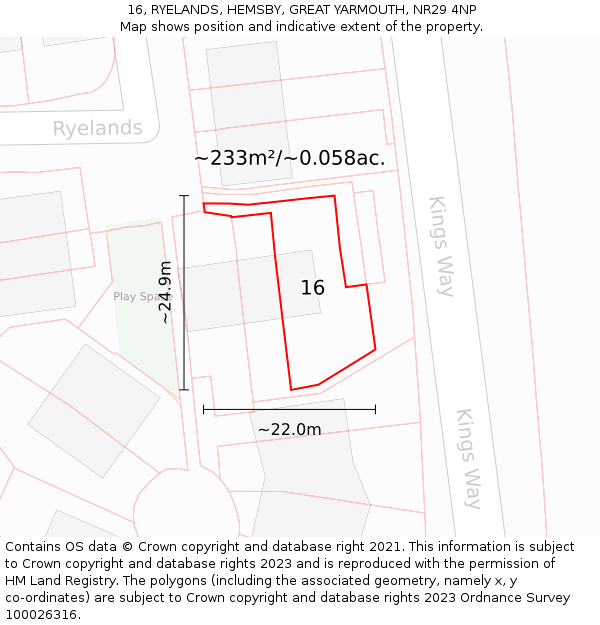 16, RYELANDS, HEMSBY, GREAT YARMOUTH, NR29 4NP: Plot and title map