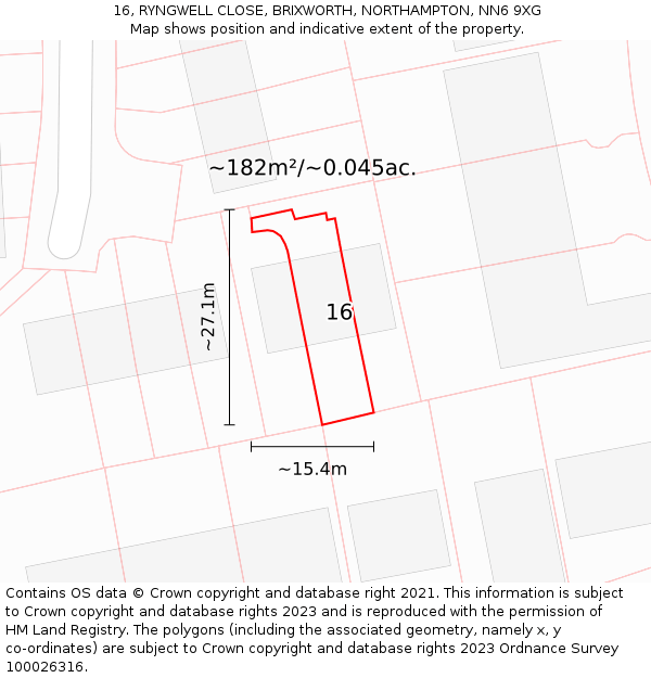 16, RYNGWELL CLOSE, BRIXWORTH, NORTHAMPTON, NN6 9XG: Plot and title map