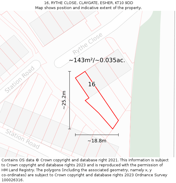 16, RYTHE CLOSE, CLAYGATE, ESHER, KT10 9DD: Plot and title map