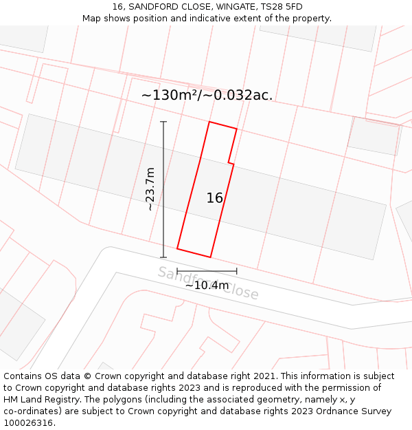16, SANDFORD CLOSE, WINGATE, TS28 5FD: Plot and title map