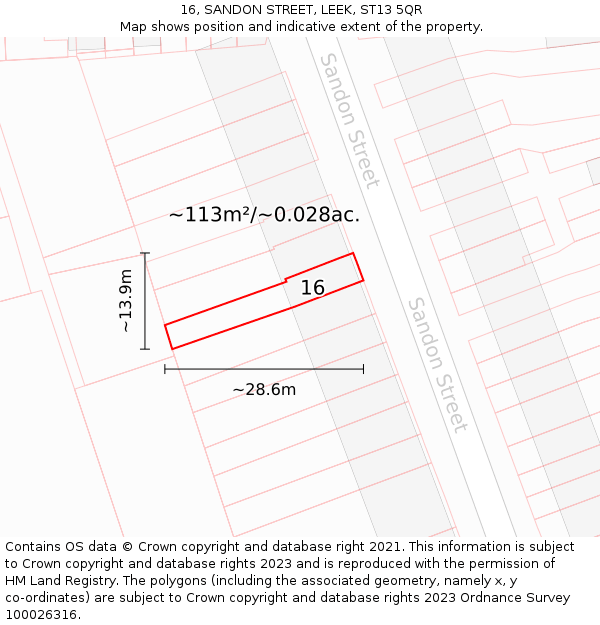 16, SANDON STREET, LEEK, ST13 5QR: Plot and title map