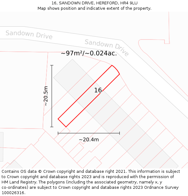 16, SANDOWN DRIVE, HEREFORD, HR4 9LU: Plot and title map