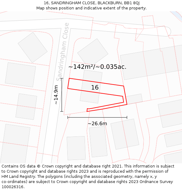16, SANDRINGHAM CLOSE, BLACKBURN, BB1 8QJ: Plot and title map
