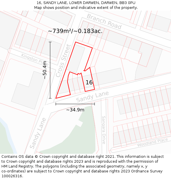 16, SANDY LANE, LOWER DARWEN, DARWEN, BB3 0PU: Plot and title map