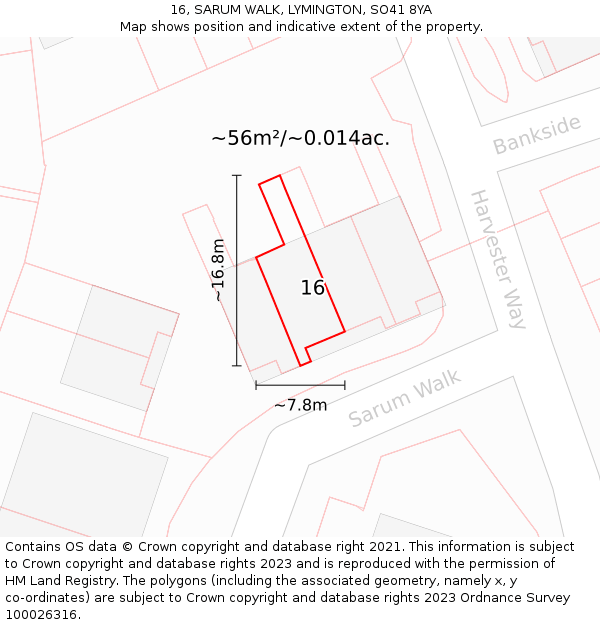 16, SARUM WALK, LYMINGTON, SO41 8YA: Plot and title map