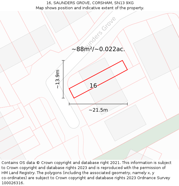 16, SAUNDERS GROVE, CORSHAM, SN13 9XG: Plot and title map