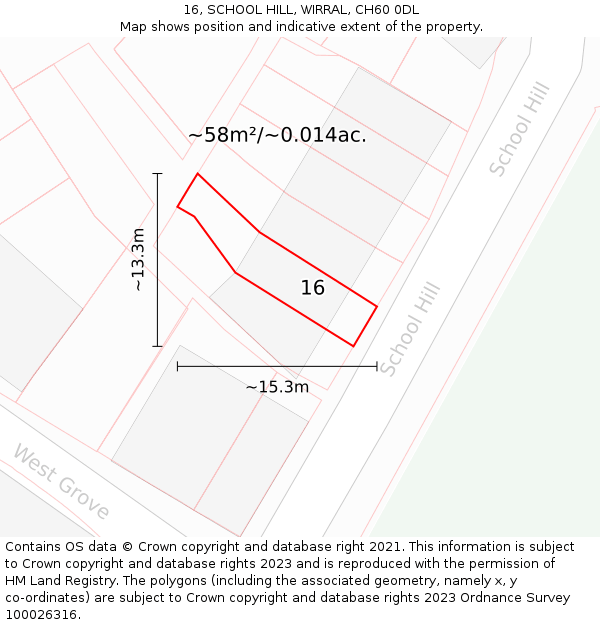 16, SCHOOL HILL, WIRRAL, CH60 0DL: Plot and title map