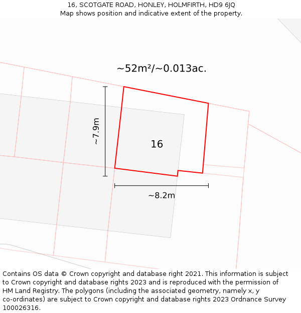 16, SCOTGATE ROAD, HONLEY, HOLMFIRTH, HD9 6JQ: Plot and title map