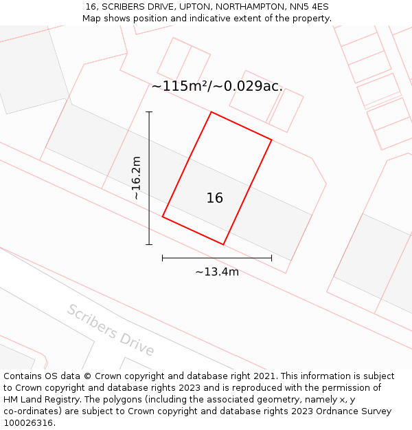 16, SCRIBERS DRIVE, UPTON, NORTHAMPTON, NN5 4ES: Plot and title map