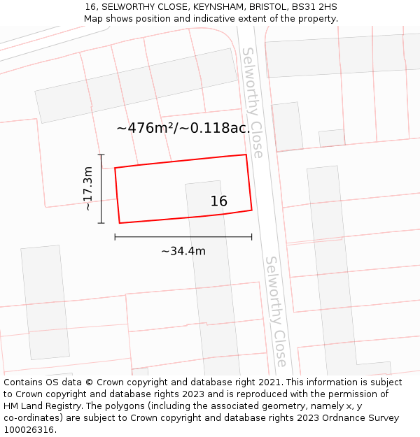 16, SELWORTHY CLOSE, KEYNSHAM, BRISTOL, BS31 2HS: Plot and title map