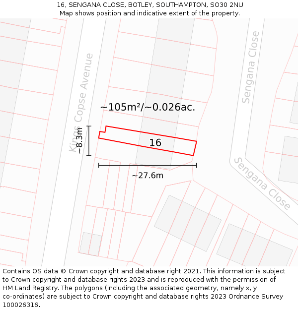 16, SENGANA CLOSE, BOTLEY, SOUTHAMPTON, SO30 2NU: Plot and title map