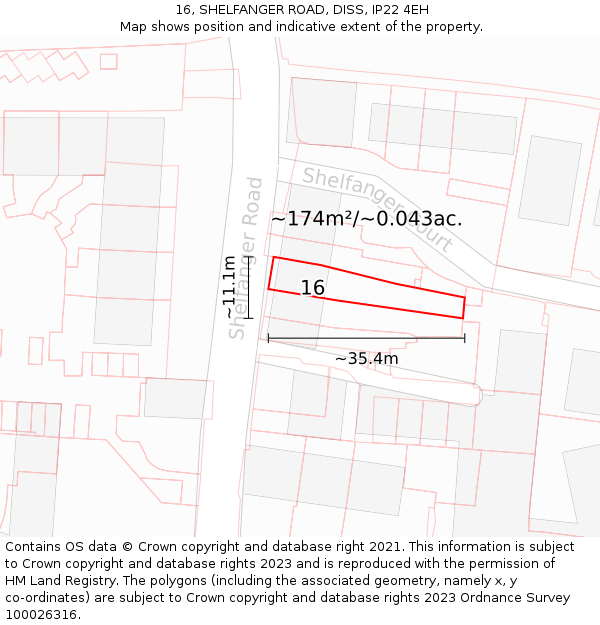 16, SHELFANGER ROAD, DISS, IP22 4EH: Plot and title map