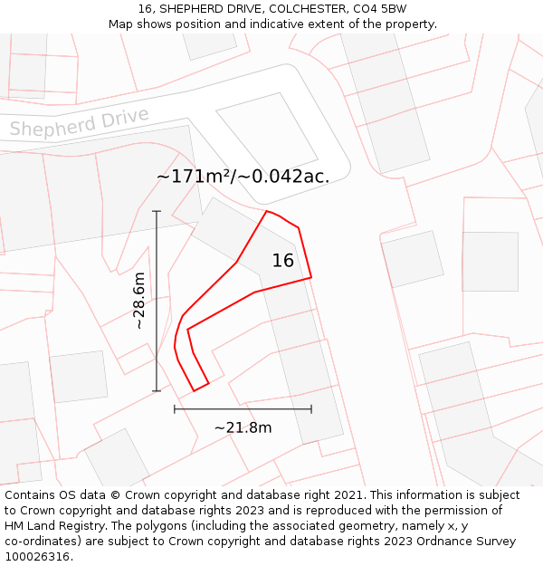 16, SHEPHERD DRIVE, COLCHESTER, CO4 5BW: Plot and title map