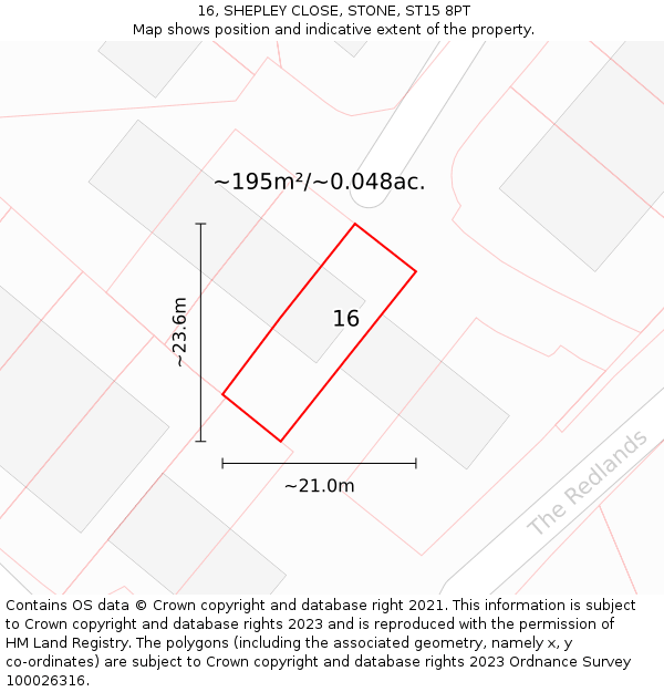 16, SHEPLEY CLOSE, STONE, ST15 8PT: Plot and title map
